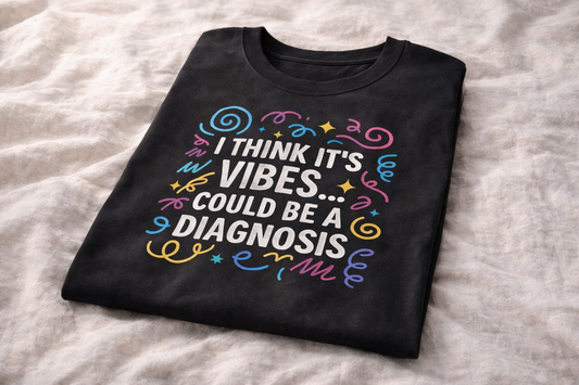 Folded black t-shirt with colourful mental health slogan reading “I think it’s vibes… could be a diagnosis”.