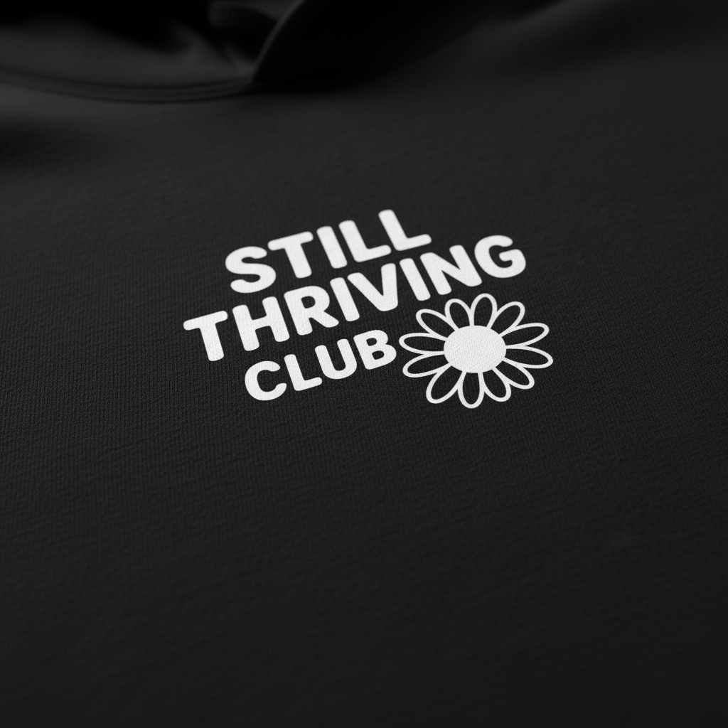 Close-up of black hoodie with white “Still Thriving Club” logo and flower emblem, shown on soft fabric in natural light.