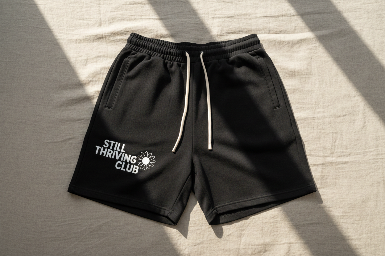 Black unisex cotton shorts with drawstring waist and Still Thriving Club logo on the left leg, laid flat on neutral fabric background