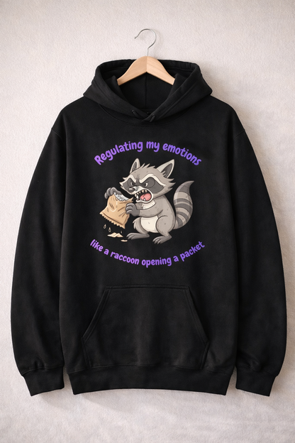 Black hoodie on a wooden hanger with a raccoon illustration and the phrase “Regulating my emotions like a raccoon opening a packet”