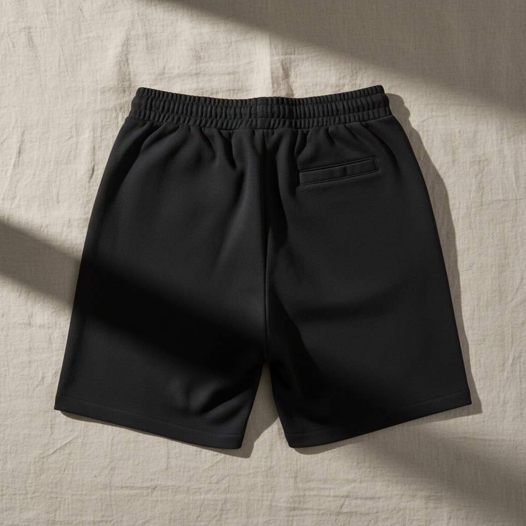 Back view of black unisex cotton shorts with elastic waistband and rear pocket, laid flat on neutral fabric background