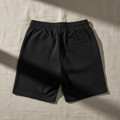 Back view of black unisex cotton shorts with elastic waistband and rear pocket, laid flat on neutral fabric background