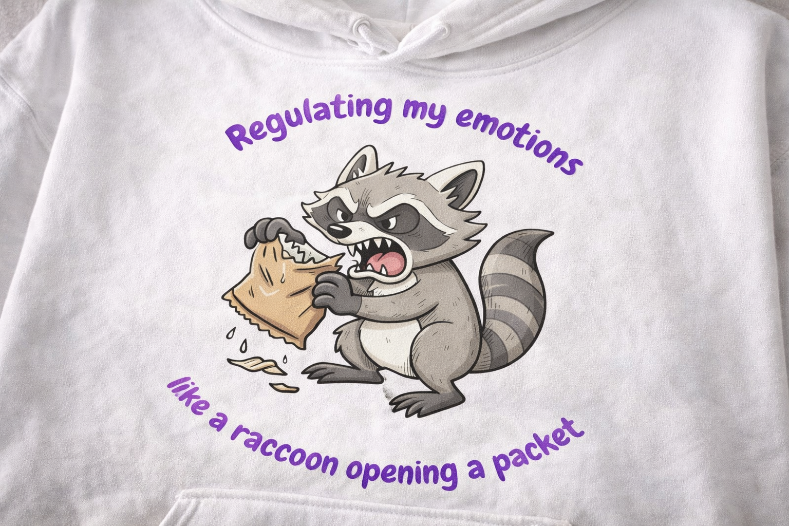 Close up of raccoon illustration on white hoodie showing detailed print and text about regulating emotions