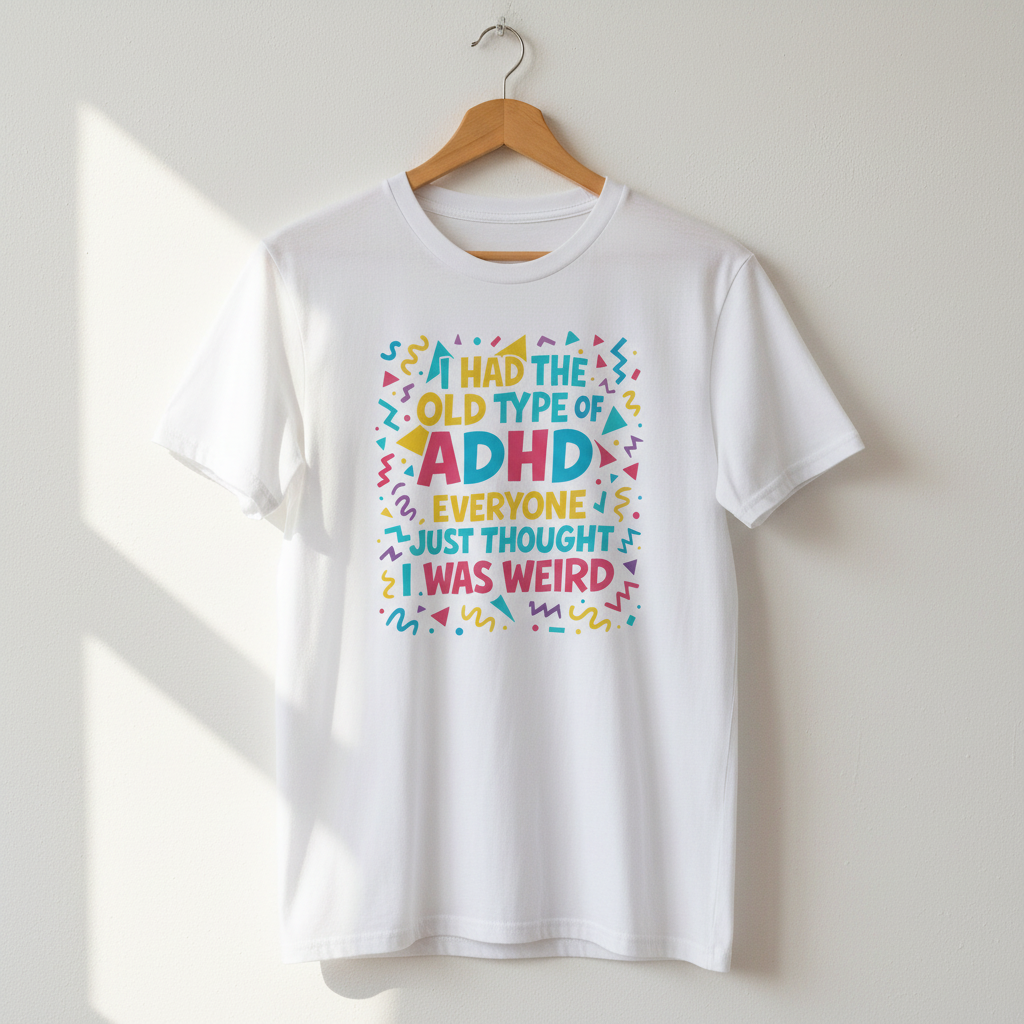 White ADHD graphic t-shirt hanging on a wooden hanger against a light wall with natural sunlight