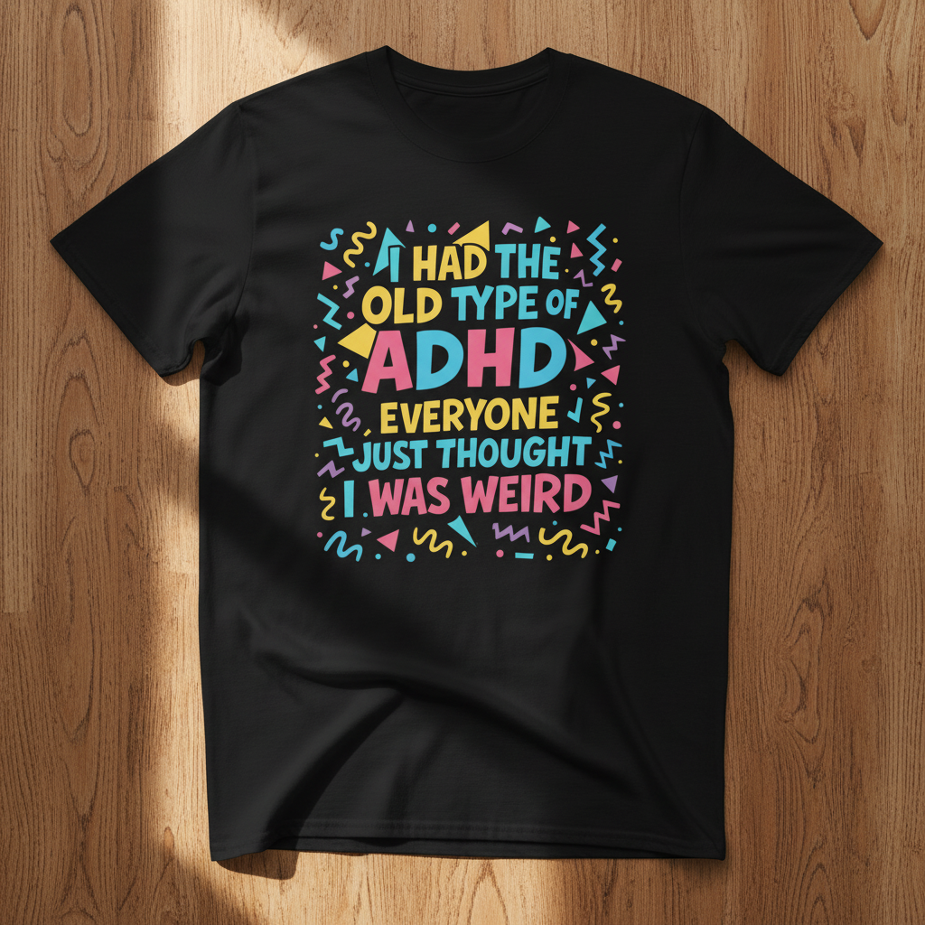 Black ADHD graphic t-shirt laid flat on a wooden surface showing full front design