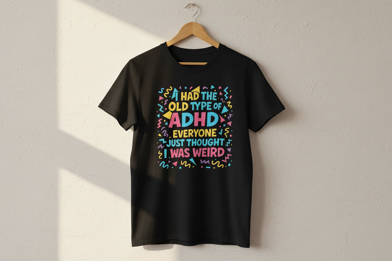 Black ADHD graphic t-shirt hanging on a wooden hanger against a light wall with natural sunlight