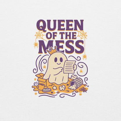 Design featuring cute ghost wearing crown surrounded by mess including papers, coffee cups and clutter, with purple text reading 'Queen of the Mess' decorated with orange spiderwebs and spiders on white background