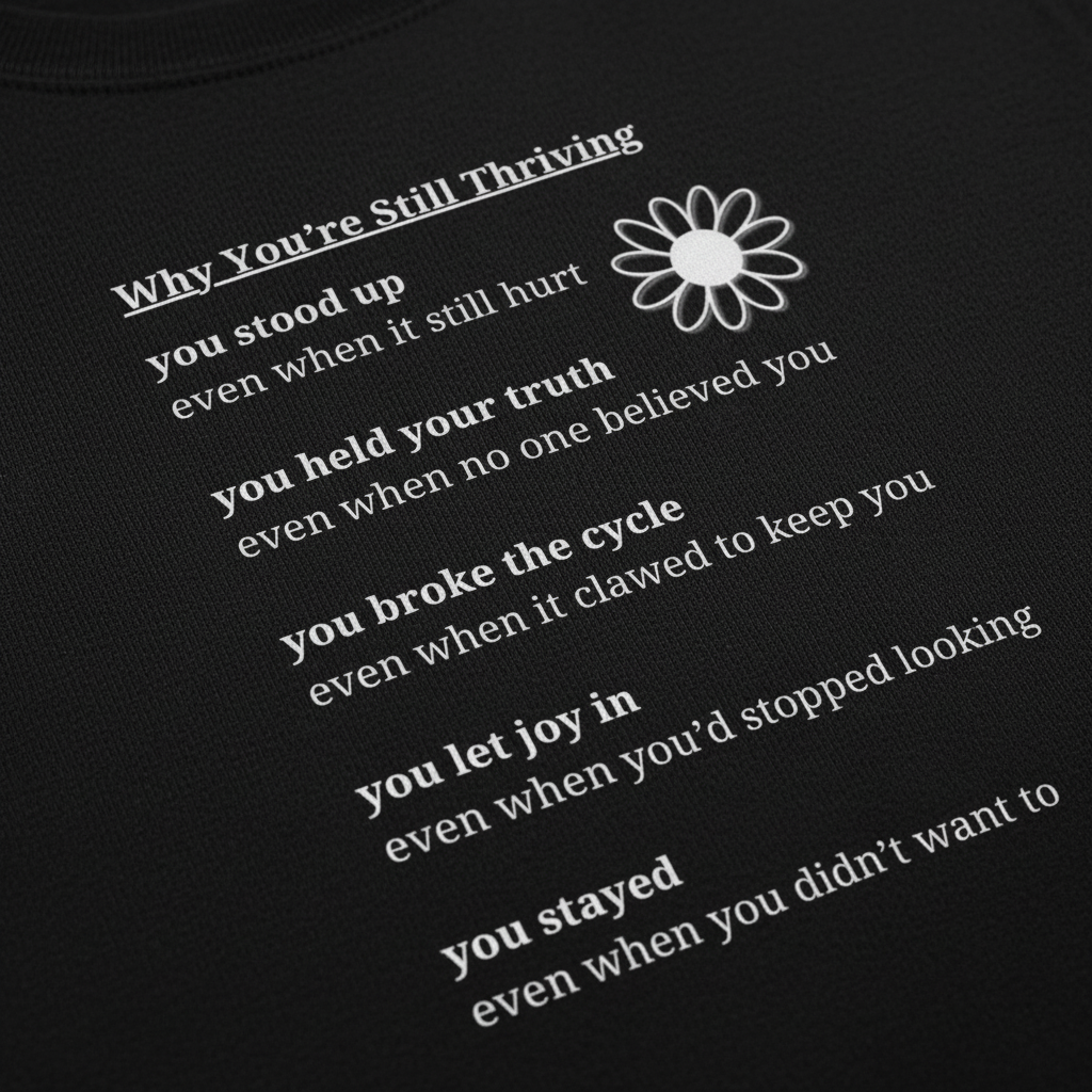 Close-up detail of black hoodie showing “Why You’re Still Thriving” affirmation text and Still Thriving Club flower logo printed on soft fabric.