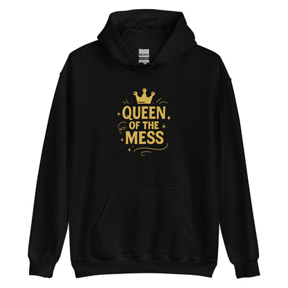 Black hoodie with gold text reading 'Queen of the Mess' with crown graphic and decorative sparkles and swirls, flat lay product mockup