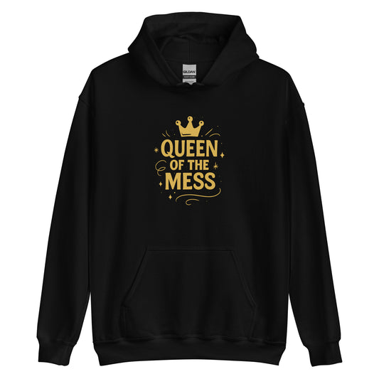Black hoodie with gold text reading 'Queen of the Mess' with crown graphic and decorative sparkles and swirls, flat lay product mockup
