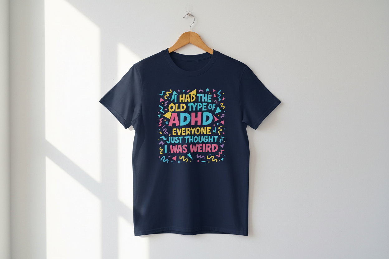 Navy ADHD graphic t-shirt hanging on a wooden hanger against a light wall with natural sunlight