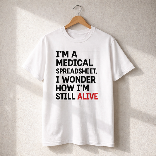White T-shirt hanging on a wooden hanger with the text “I’m a medical spreadsheet, I wonder how I’m still alive” printed in black and red.