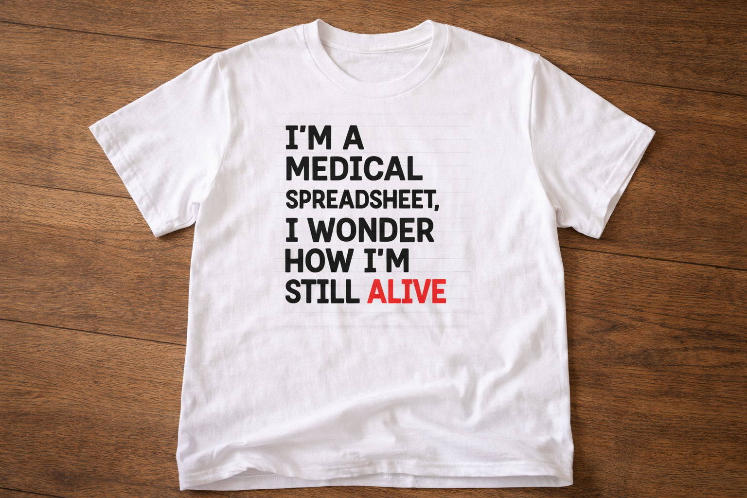 White T-shirt laid flat on a wooden surface with the text “I’m a medical spreadsheet, I wonder how I’m still alive” printed in black and red.