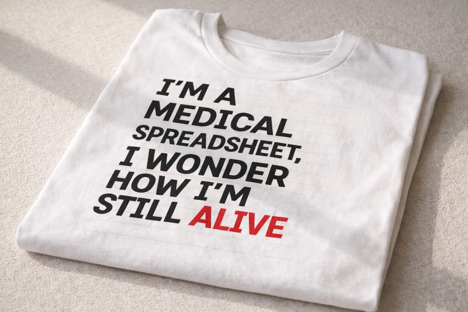 Folded white T-shirt on a neutral fabric background in natural sunlight, showing a close-up of the printed text “I’m a medical spreadsheet, I wonder how I’m still alive” in black and red.