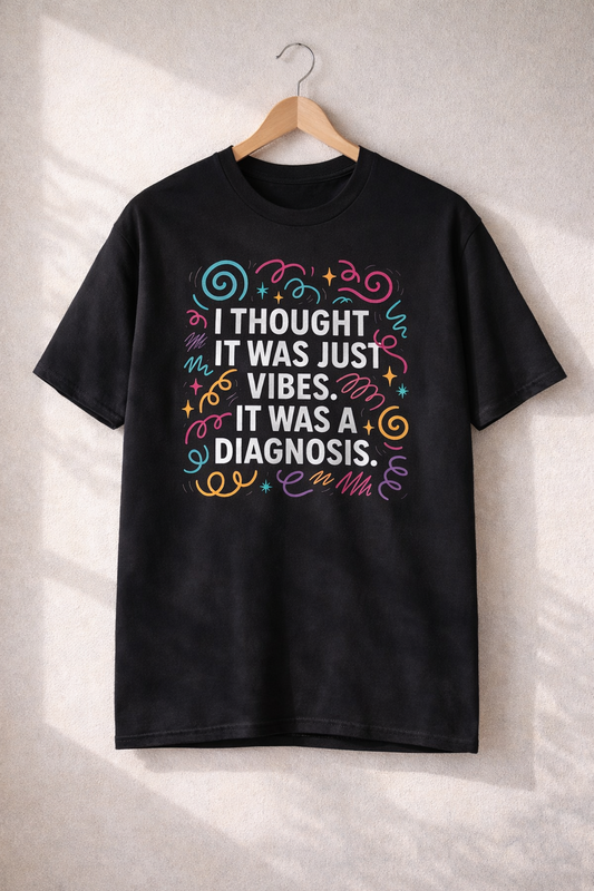 Black unisex T-shirt hanging on a wooden hanger against a light wall, featuring colourful doodles surrounding the text “I thought it was just vibes. It was a diagnosis.