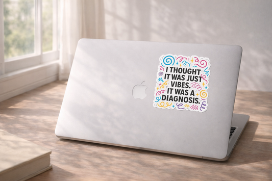 Laptop with a colourful neurodivergent sticker reading “I thought it was just vibes. It was a diagnosis” on the lid