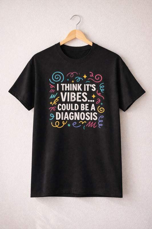 Black t-shirt on a wooden hanger featuring the slogan “I think it’s vibes… could be a diagnosis” in colourful lettering.