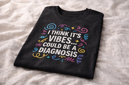 Folded black t-shirt with colourful mental health slogan reading “I think it’s vibes… could be a diagnosis”.