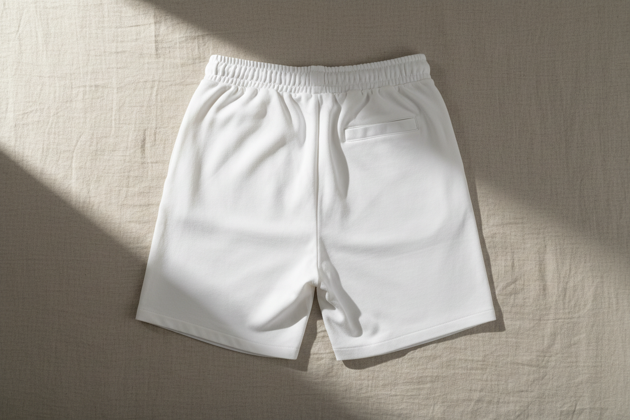 Back view of white unisex cotton shorts with elastic waistband and rear pocket, photographed flat in soft natural light