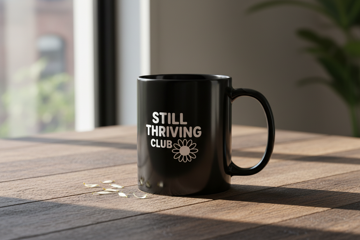 Black ceramic mug with “Still Thriving Club” logo resting on a wooden table in natural window light, creating a warm, calm lifestyle scene.
