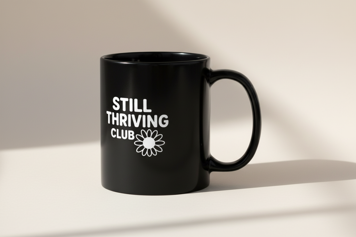 Black Still Thriving Club ceramic mug photographed against a light neutral background, highlighting the logo and smooth glossy finish.