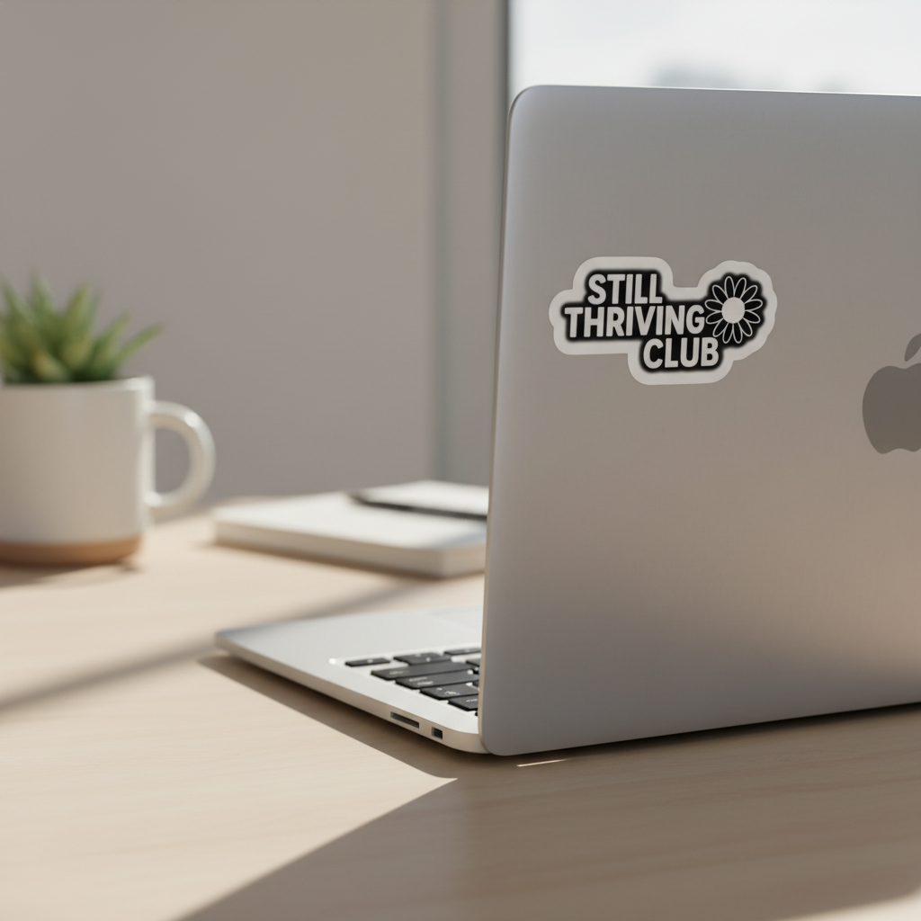 Still Thriving Club logo sticker applied to the back of a silver laptop on a light wooden desk, photographed in soft natural daylight.