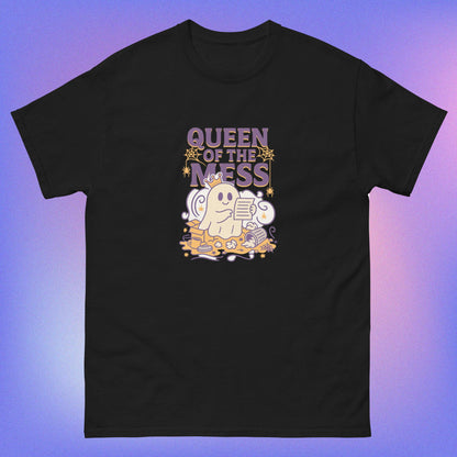 Black T-shirt with cute ghost wearing a crown surrounded by mess including papers, coffee cups, and clutter, with purple text reading 'Queen of the Mess' decorated with spiderwebs and spiders in purple and yellow