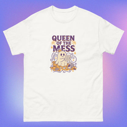 White T-Shirt with cute ghost wearing a crown surrounded by mess including papers, coffee cups, and clutter, with purple text reading 'Queen of the Mess' decorated with spiderwebs and spiders in purple and yellow