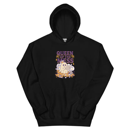 Black hoodie with cute ghost wearing a crown surrounded by mess including papers, coffee cups, and clutter, with purple text reading 'Queen of the Mess' decorated with spiderwebs and spiders in purple and yellow