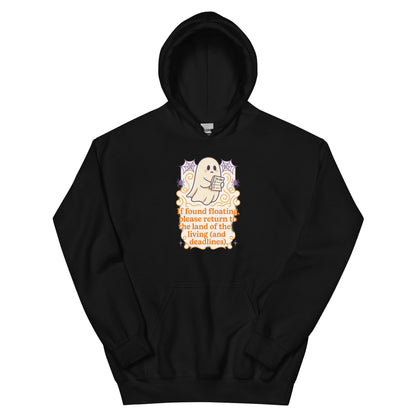 Black hoodie with cute ghost holding a to-do list, surrounded by orange swirls, purple spiderwebs and spiders, with orange text reading 'If found floating, please return to the land of the living (and deadlines)'