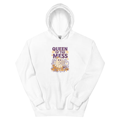 White hoodie with cute ghost wearing a crown surrounded by mess including papers, coffee cups, and clutter, with purple text reading 'Queen of the Mess' decorated with spiderwebs and spiders in purple and yellow